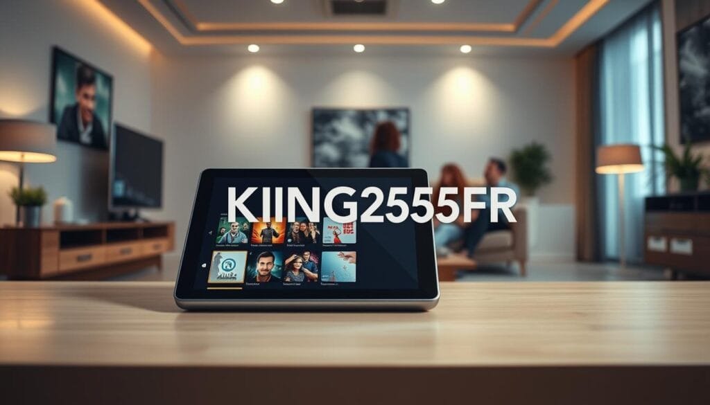A captivating image showcasing the brand "KING365FR" related to IPTV streaming services. In the foreground, include a sleek digital device, such as a tablet or smart TV, displaying a vibrant user interface of an IPTV app with various streaming options. In the middle ground, add a professional-looking living room setting, emphasizing comfort, modernity, and technology, with a subtle hint of a family enjoying their viewing experience together. The background should feature soft, warm lighting to create a cozy atmosphere, with stylish decor that suggests a high-tech lifestyle. The scene should evoke a sense of reliability and professionalism, underscoring the advantage of choosing KING365FR for IPTV streaming needs, appealing to prospective customers. A captivating image showcasing the brand "KING365FR" related to IPTV streaming services. In the foreground, include a sleek digital device, such as a tablet or smart TV, displaying a vibrant user interface of an IPTV app with various streaming options. In the middle ground, add a professional-looking living room setting, emphasizing comfort, modernity, and technology, with a subtle hint of a family enjoying their viewing experience together. The background should feature soft, warm lighting to create a cozy atmosphere, with stylish decor that suggests a high-tech lifestyle. The scene should evoke a sense of reliability and professionalism, underscoring the advantage of choosing KING365FR for IPTV streaming needs, appealing to prospective customers.