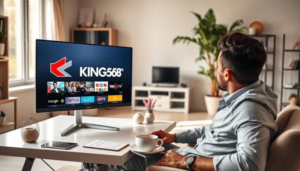 A modern and inviting workspace featuring a sleek computer monitor displaying the logo "KING365FR" prominently, showcasing an IPTV interface with vibrant thumbnails representing a variety of TV channels and VOD options. In the foreground, a professional individual dressed in smart casual attire, sitting comfortably, attentively engaging with the content on the screen. The middle ground features a stylish desk adorned with minimalistic decor, a cup of coffee, and a notepad with useful notes. In the background, a well-lit home office setting with light streaming through a window, creating an inviting atmosphere. The overall mood is tech-savvy and dynamic, focusing on the best IPTV experience that KING365FR offers.