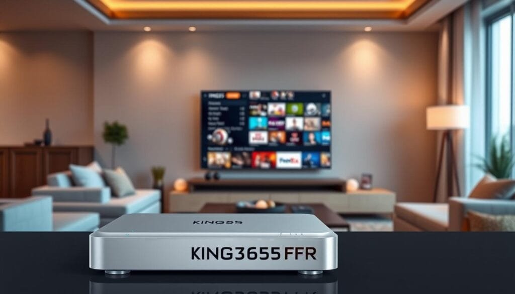 A modern, sleek promotional image representing "KING365FR," the IPTV service. In the foreground, a high-tech IPTV streaming device is prominently displayed, showcasing its sleek design with glowing LED indicators. The middle ground features a large, vibrant flat-screen TV displaying a diverse selection of popular channels, sports, and movies, indicating the extensive offerings of the service. The background includes a stylish, contemporary living room setting with soft, ambient lighting that creates a warm and inviting atmosphere, perfect for family movie nights or sports events. Capture a sense of reliability and innovation, emphasizing King365tvme's role as a leading IPTV service. The angle should be slightly from above to encapsulate all elements harmoniously, evoking a sense of ease and sophistication in home entertainment.