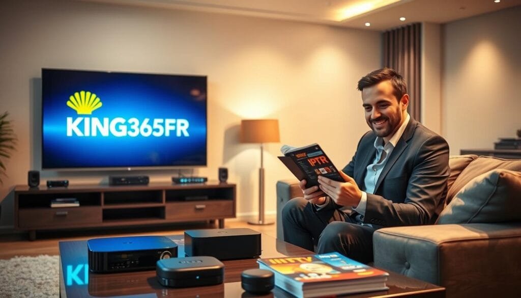 A professional and engaging scene showcasing a sleek, modern living room with a large flat-screen TV displaying the logo "KING365FR". In the foreground, a friendly, well-dressed person, possibly a marketing expert, is seated on a stylish sofa, thoughtfully analyzing IPTV service details on a tablet. The person is surrounded by streaming devices and colorful IPTV pack brochures. In the middle ground, a coffee table with an array of high-quality streaming gadgets is visible, while the background features warm, inviting lighting that enhances the cozy atmosphere. Soft shadows and highlights create a pleasing ambiance, suggesting expertise and comfort in entertainment choices. A professional and engaging scene showcasing a sleek, modern living room with a large flat-screen TV displaying the logo "KING365FR". In the foreground, a friendly, well-dressed person, possibly a marketing expert, is seated on a stylish sofa, thoughtfully analyzing IPTV service details on a tablet. The person is surrounded by streaming devices and colorful IPTV pack brochures. In the middle ground, a coffee table with an array of high-quality streaming gadgets is visible, while the background features warm, inviting lighting that enhances the cozy atmosphere. Soft shadows and highlights create a pleasing ambiance, suggesting expertise and comfort in entertainment choices.
