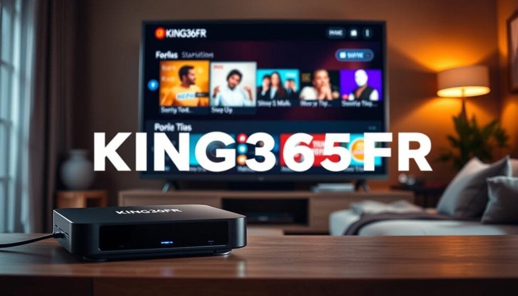 A professional marketing scene depicting a modern digital entertainment setup focused on KING365FR. In the foreground, a sleek and stylish streaming device with the KING365FR logo prominently displayed. The middle features a high-resolution television screen showcasing an engaging IPTV interface, complete with vibrant menu options and a selection of popular channels. In the background, a cozy living room with warm lighting, featuring a comfortable sofa and decorative elements that convey a welcoming atmosphere. The image should evoke a sense of comfort, accessibility, and modern technology, inviting viewers to consider KING365FR for their digital entertainment needs. The lighting is soft yet bright, capturing the essence of a relaxing viewing environment, with a focus on clarity and vivid colors to enhance the overall appeal.