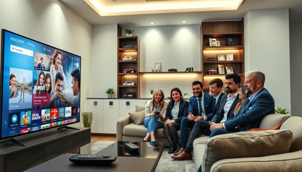 A sleek and modern home entertainment setup showcasing the "KING365FR" IPTV Premium service. Foreground: A large, high-definition television displays a vibrant interface filled with various premium channels and content options. A stylish remote control lies beside it. Middle ground: A comfortable, contemporary sofa with plush cushions where a diverse group of professionals in smart casual attire discuss the features of the IPTV service, exuding a sense of excitement and satisfaction. Background: Soft ambient lighting creates a cozy atmosphere in a well-decorated living room, with shelves lined with media devices, plants, and family pictures. Angle: Shot from a slightly elevated perspective, capturing both the engaging scene and the television display. The overall mood is inviting and professional, highlighting the excellence of IPTV service with KING365FR.