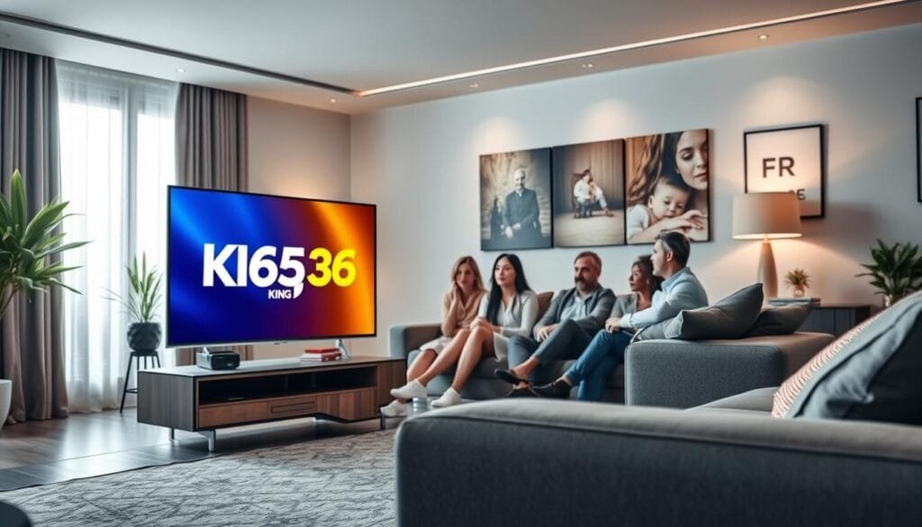 A sleek and modern living room scene showcasing the "365 King TV" in action. In the foreground, a high-resolution smart TV displaying the vibrant logo "KING365FR" engaged in an IPTV streaming interface, highlighting 4K quality. The middle ground features a cozy sofa with a diverse group of individuals in professional casual attire, intently watching the screen, reflecting a family-friendly atmosphere. The background includes a well-decorated room with soft lighting, natural light filtering through a large window, and subtle decorative elements that evoke a sense of comfort and modernity. The mood is inviting and engaging, making viewers feel reassured about choosing "365 King TV" for their digital entertainment needs, with a focus on reliability and support.