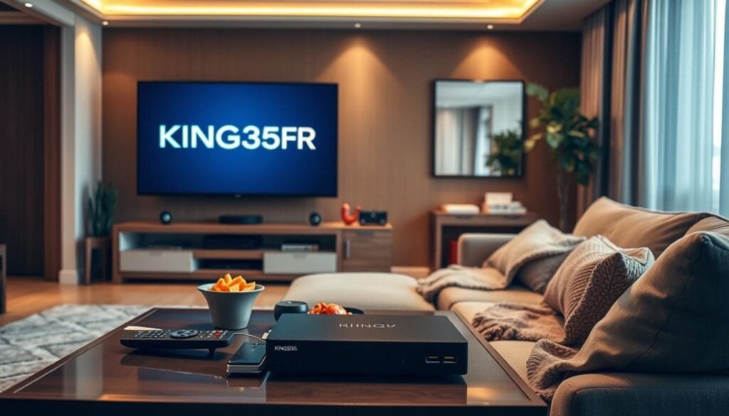 A sleek home entertainment setup showcasing the "KING365FR" logo prominently displayed on a modern flat-screen TV. In the foreground, a stylish coffee table featuring a remote control, snacks, and an IPTV receiver. The middle ground should feature a comfortable sofa arranged for viewing, with a cozy throw blanket draped over one side. The background should include a softly lit living room with warm colors, elegant decor, and a subtle emphasis on technology, like streaming boxes and devices. The lighting is bright yet inviting, creating a relaxed atmosphere, as if anticipating an engaging movie night or live sports viewing. Capture a professional ambiance that represents the quality and reliability of the King365 TV service.