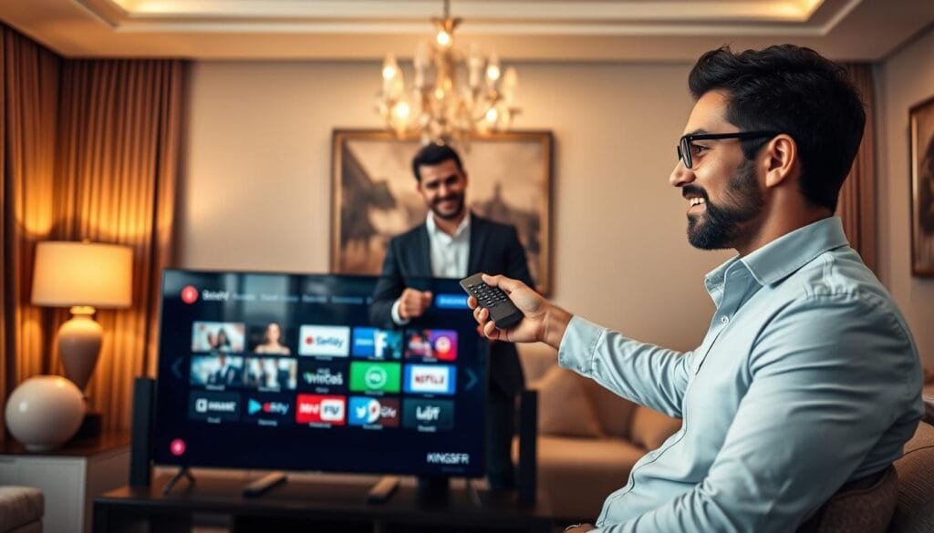 A sleek, modern IPTV setup showcasing the service "KING365FR". In the foreground, a stylish, high-definition television displaying a user-friendly interface with vibrant channels, emphasizing the variety and quality of over 20,000 channels. The middle ground features a well-dressed professional, casually interacting with the remote control, exuding confidence and satisfaction in the service offered. The background captures a cozy living room environment with warm, inviting lighting, highlighting a comfortable couch and elegant decor that suggests a premium viewing experience. The overall atmosphere is professional and reassuring, indicating trust and quality in IPTV service. The composition is framed with a slight upward angle, suggesting an aspirational and positive experience. A sleek, modern IPTV setup showcasing the service "KING365FR". In the foreground, a stylish, high-definition television displaying a user-friendly interface with vibrant channels, emphasizing the variety and quality of over 20,000 channels. The middle ground features a well-dressed professional, casually interacting with the remote control, exuding confidence and satisfaction in the service offered. The background captures a cozy living room environment with warm, inviting lighting, highlighting a comfortable couch and elegant decor that suggests a premium viewing experience. The overall atmosphere is professional and reassuring, indicating trust and quality in IPTV service. The composition is framed with a slight upward angle, suggesting an aspirational and positive experience.