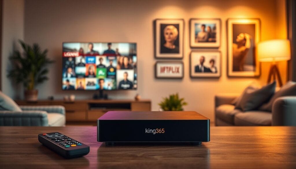 A sleek, modern KING365 box v2 prominently displayed in the foreground, showcasing its elegant design and high-tech features. The box should be surrounded by streaming content visuals, like a glowing screen with popular IPTV channels and a remote control positioned nearby. In the middle ground, include subtle hints of a cozy living room environment, adorned with stylish furniture and soft ambient lighting that creates a warm atmosphere. The background should feature a softly illuminated wall with framed images of legendary films and shows, conveying the streaming experience. Utilize a warm color palette and a soft focus effect to enhance the inviting, professional vibe suitable for an expert marketing article on IPTV. The entire composition should evoke a sense of reliability and innovation.