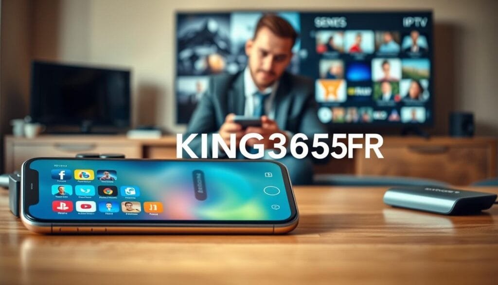 A sleek, modern King 365 iPhone lies prominently in the foreground, showcasing its vibrant screen displaying an IPTV interface filled with colorful channel icons. The device is positioned on a contemporary wooden desk, with digital streaming gadgets subtly arranged around it. In the middle ground, a softly blurred image of a professional in business attire engages with the phone, reflecting a focused and confident demeanor. The background features a stylish home entertainment setup, with a large television displaying dynamic visuals of various content channels. The lighting is warm and inviting, casting soft shadows that enhance the cozy yet professional atmosphere. Ensure no text elements or branding appear besides "KING365FR", emphasizing a premium IPTV experience.