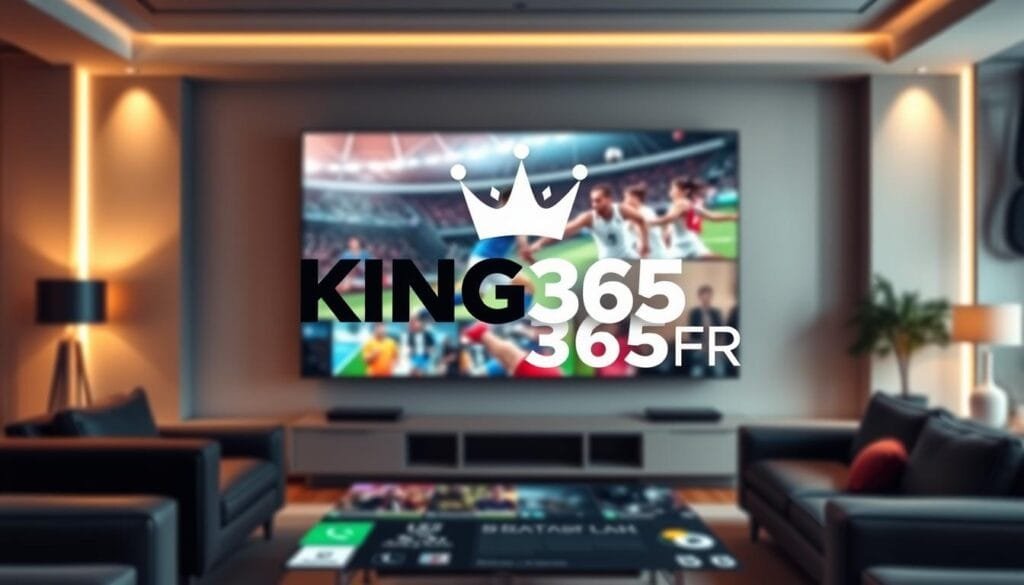 A sleek, modern digital interface showcasing the KING365FR logo prominently in the foreground, representing a live sports streaming service. The middle layer features a dynamic display of various sporting events, with high-action imagery of soccer, basketball, and tennis, captured as if paused in a thrilling moment. The background should encompass a stylish, contemporary room with a large screen displaying a vibrant sports channel, enhancing the sense of being in a premium viewing environment. Soft, ambient lighting casts a warm glow, evoking an inviting and energetic atmosphere. The overall mood should convey excitement and professionalism, appealing to sports fans looking for reliable streaming options. The image must remain free of any text or logos beyond the KING365FR branding.
