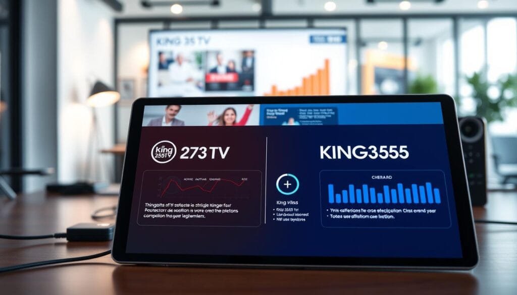 A sleek, modern digital workspace featuring a side-by-side comparison of two IPTV services: King 375 TV and KING365FR. In the foreground, a high-resolution tablet displays a sleek interface of both services, showcasing their logos and key features such as channel offerings and user experience. The middle ground includes a stylish desktop with a high-end monitor, highlighting graphs and statistics related to user satisfaction. The background features a contemporary office setting with soft, ambient lighting, conveying a professional atmosphere. The scene should capture a collaborative vibe, with subtle hints of technology, such as cables and gadgets, enhancing the tech-savvy mood. Employ a depth of field to focus on the tablet while gently blurring the office background. The overall composition should feel polished and informative.