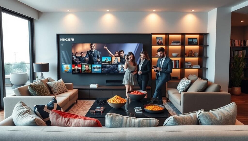A sleek, modern living room featuring a large flat-screen TV showcasing entertainment options from KING365FR. In the foreground, a stylish and comfortable sofa with eye-catching pillows and a neatly organized coffee table filled with snacks. In the middle, a few family members—dressed in professional business attire—interacting with a smart device, highlighting the accessibility of IPTV. The background includes a chic bookshelf filled with movies and games, with soft, warm lighting creating a cozy atmosphere. The overall mood is inviting and family-oriented, showcasing the benefits of choosing KING365FR for an enhanced entertainment experience, with an emphasis on quality and convenience. The scene unfolds in a well-lit environment, captured from a slightly elevated angle to provide a comprehensive view.