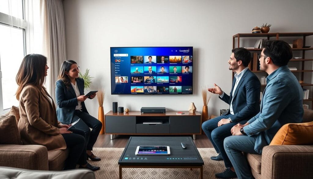 A sleek, modern living room featuring a stylish flat-screen TV displaying a vibrant IPTV streaming interface. In the foreground, a diverse group of three professionals, dressed in smart casual attire, discuss content options enthusiastically. The middle ground shows a coffee table with smart devices like a tablet and a remote control, symbolizing connectivity. The background includes a cozy bookshelf filled with books and decorative items. Soft, natural lighting floods the space, creating a warm and inviting atmosphere. The overall mood is collaborative and informative, enhancing the appeal of choosing KING365FR for streaming needs. The angle is slightly elevated, capturing the interaction and environment dynamically.