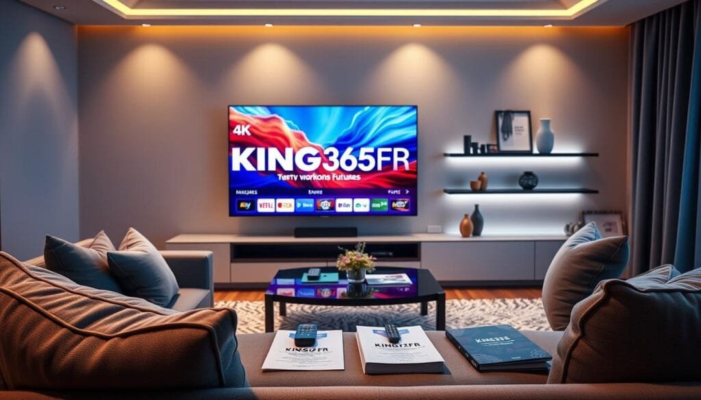 A sleek, modern living room scene showcasing a high-end television displaying vibrant 4K visuals from KING365FR, emphasizing IPTV service quality. In the foreground, a comfortable sofa with stylish cushions, positioned to face the TV. The middle ground features an elegant coffee table with a remote and a few subscription brochures neatly arranged, symbolizing user convenience. The background shows a tastefully decorated shelf with decorative items and a soft glow emanating from ambient lighting, highlighting the premium atmosphere. The mood is sophisticated and inviting, designed to communicate trust and reliability in IPTV services. The image uses warm lighting to evoke a sense of comfort and professionalism, focusing on technology and entertainment refinement.