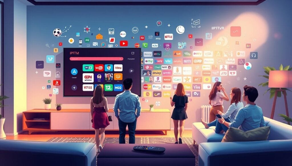 A vibrant, digital-themed illustration showcasing the essence of "KING365FR IPTV Premium". In the foreground, an elegant, modern living room setting, featuring a sleek TV screen displaying colorful IPTV channels, symbols of online streaming, and a remote control. In the middle ground, people of diverse backgrounds dressed in smart casual attire are engaged in watching and discussing content enthusiastically, depicting a communal viewing experience. The background features abstract visual elements representing a vast array of over 20,000 channels, with dynamic graphics and icons of different genres like sports, movies, and documentaries. Soft, ambient lighting enhances the inviting atmosphere, with a slight lens flare to create a sense of warmth and excitement, conveying the innovative spirit of IPTV services.