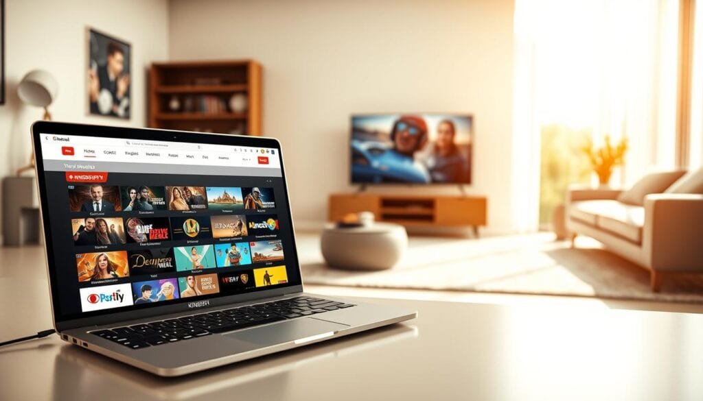 A visually engaging digital representation of the KING365FR IPTV site, highlighting its user-friendly interface and premium streaming features. In the foreground, display a sleek modern laptop with an open screen showing vibrant thumbnails of popular streaming channels. The middle ground features a cozy living room setup with a stylish couch and a large flat-screen TV displaying dynamic content rendered from the site. In the background, a large window allows soft, natural light to pour in, creating an inviting atmosphere. Opt for a warm color palette that evokes a sense of comfort and modernity. The overall mood should feel professional yet relaxed, illustrating the essence of premium entertainment accessible through KING365FR. Focus on clarity and detail that showcases the streaming experience without text or overlays.