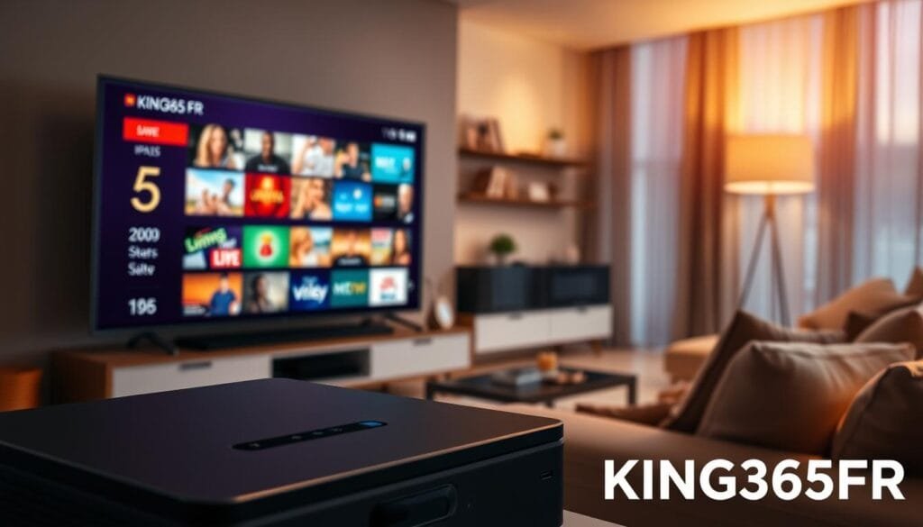 A visually engaging image representing IPTV services under the theme "KING365FR." In the foreground, feature a digital device, such as a sleek smart TV displaying vibrant content, showcasing a variety of channels and streaming options. In the middle ground, incorporate a modern living room setting with comfortable furniture, emphasizing a relaxed atmosphere for family viewing. The background should show a subtle hint of a cable connection, symbolizing high-quality IPTV service. Use warm, inviting lighting to create a cozy ambiance, with a slight lens blur for depth. The mood should convey convenience and satisfaction, capturing the essence of choosing KING365FR for premium IPTV services, appealing to tech-savvy viewers seeking reliable entertainment solutions. A visually engaging image representing IPTV services under the theme "KING365FR." In the foreground, feature a digital device, such as a sleek smart TV displaying vibrant content, showcasing a variety of channels and streaming options. In the middle ground, incorporate a modern living room setting with comfortable furniture, emphasizing a relaxed atmosphere for family viewing. The background should show a subtle hint of a cable connection, symbolizing high-quality IPTV service. Use warm, inviting lighting to create a cozy ambiance, with a slight lens blur for depth. The mood should convey convenience and satisfaction, capturing the essence of choosing KING365FR for premium IPTV services, appealing to tech-savvy viewers seeking reliable entertainment solutions.