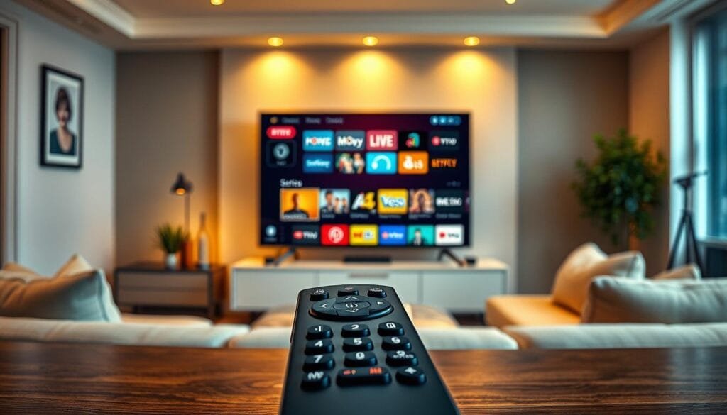 Create an image that represents "KING365FR" as a premium IPTV subscription service. In the foreground, display a sleek, modern remote control prominently, surrounded by colorful icons of popular streaming services, symbolizing variety and choice. In the middle ground, incorporate an elegant television screen showcasing a vibrant menu interface featuring categories such as sports, movies, and series. The background should depict a cozy living room environment with ambient lighting, highlighting a comfortable couch and minimalistic decor, creating an inviting atmosphere. Use warm lighting to evoke a sense of comfort and reliability, emphasizing the professional and reassuring quality of the KING365FR brand. Consider a slightly angled perspective to enhance depth and engagement in the scene.