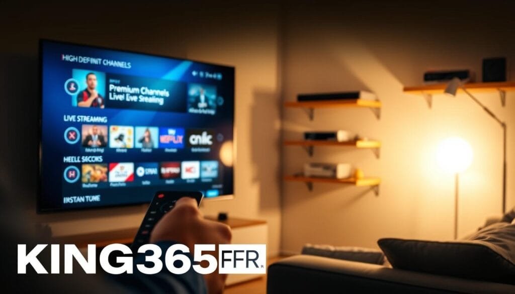 A close-up view of a high-definition television screen displaying a vibrant IPTV interface, featuring premium channels and live streaming options. In the foreground, a user interacts with a sleek remote, showcasing a user-friendly design. The middle layer captures a cozy living room environment with modern furniture and soft lighting, creating a warm atmosphere. The background displays a wall-mounted shelf with various media devices and accessories, symbolizing a rich entertainment experience. The scene is illuminated by a soft glow from the television, enhancing the inviting mood. Include subtle elements that suggest the features of KING365FR, without any text or logos.
