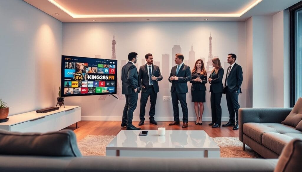 A dynamic and professional scene illustrating the evolution of the IPTV market in France. In the foreground, a sleek modern living room with a contemporary television displaying vibrant streaming content, symbolizing KING365FR with a logo subtly integrated. In the middle ground, a group of diverse professionals in smart business attire, engaged in a discussion about IPTV trends. The background showcases a stylized French skyline, hinting at urban connectivity and technological advancement. Soft, warm lighting illuminates the scene, creating an inviting atmosphere. The lens perspective is slightly angled upwards, emphasizing the action and engagement of the people interacting with cutting-edge technology. The overall mood is innovative and forward-looking, reflecting growth and opportunities in the IPTV sector. A dynamic and professional scene illustrating the evolution of the IPTV market in France. In the foreground, a sleek modern living room with a contemporary television displaying vibrant streaming content, symbolizing KING365FR with a logo subtly integrated. In the middle ground, a group of diverse professionals in smart business attire, engaged in a discussion about IPTV trends. The background showcases a stylized French skyline, hinting at urban connectivity and technological advancement. Soft, warm lighting illuminates the scene, creating an inviting atmosphere. The lens perspective is slightly angled upwards, emphasizing the action and engagement of the people interacting with cutting-edge technology. The overall mood is innovative and forward-looking, reflecting growth and opportunities in the IPTV sector.