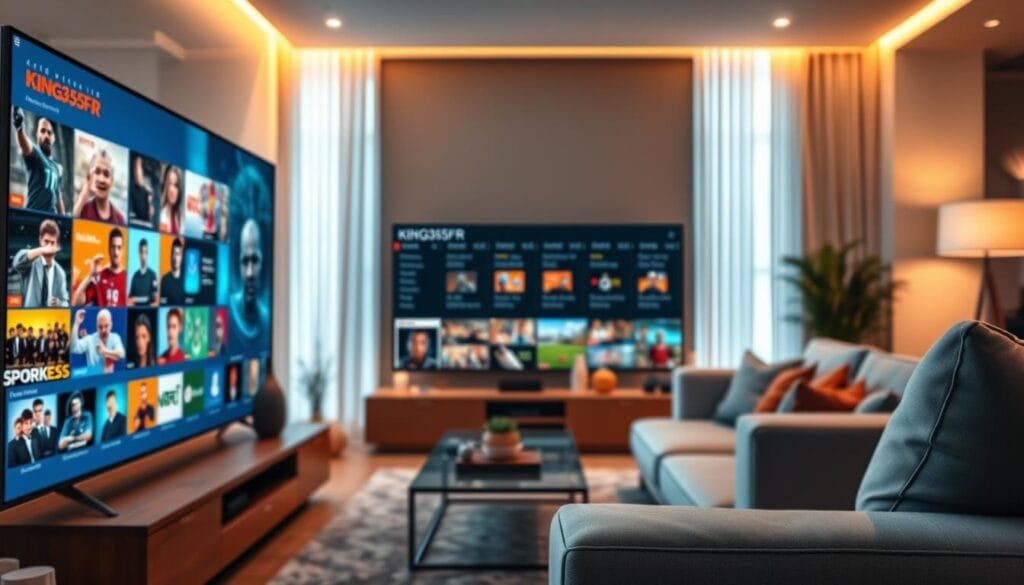 A dynamic and visually engaging scene illustrating the world of streaming with KING365FR. In the foreground, a sleek modern television displays vibrant streaming content featuring various genres, from sports to movies. In the middle, a stylish living room setup showcases comfortable seating and ambient lighting, creating a relaxed viewing atmosphere. The background features a digital interface with scrolling thumbnails and channel options, symbolizing the vast selection of over 20,000 channels offered by KING365TV. Soft, warm lighting enhances the inviting ambiance, while an angle that slightly tilts downward gives a cozy, immersive feel. The overall mood is professional yet approachable, capturing the essence of premium IPTV entertainment. The image should be free of any text or branding overlays.