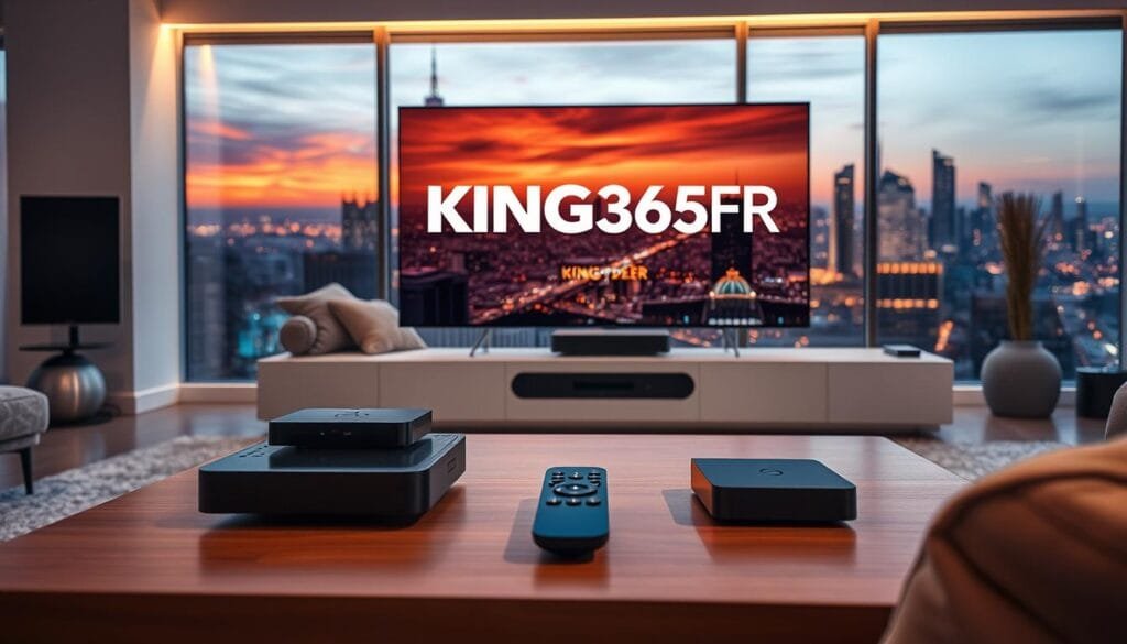 A futuristic living room scene showcasing the concept of IPTV with a sleek television displaying the logo "KING365FR". In the foreground, a modern coffee table is laden with advanced streaming devices and a remote control, highlighting the technology. The middle layer features a cozy couch adorned with plush cushions, inviting viewers to relax and stream. The background features a large window with a view of a vibrant city skyline illuminated by a sunset, symbolizing connectivity and innovation. Soft, warm lighting creates an inviting atmosphere, emphasizing the comfort of at-home entertainment. The overall mood is professional yet welcoming, reflecting the evolution of IPTV in 2026. The camera angle is slightly elevated, giving a comprehensive view of the living space while drawing attention to the "KING365FR" branding prominently on the screen. A futuristic living room scene showcasing the concept of IPTV with a sleek television displaying the logo "KING365FR". In the foreground, a modern coffee table is laden with advanced streaming devices and a remote control, highlighting the technology. The middle layer features a cozy couch adorned with plush cushions, inviting viewers to relax and stream. The background features a large window with a view of a vibrant city skyline illuminated by a sunset, symbolizing connectivity and innovation. Soft, warm lighting creates an inviting atmosphere, emphasizing the comfort of at-home entertainment. The overall mood is professional yet welcoming, reflecting the evolution of IPTV in 2026. The camera angle is slightly elevated, giving a comprehensive view of the living space while drawing attention to the "KING365FR" branding prominently on the screen.