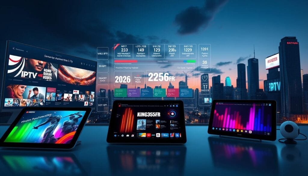 A futuristic representation of the evolution of IPTV streaming services in 2026. In the foreground, display sleek smart devices such as tablets and smart TVs streaming diverse content with vibrant colors reflecting on their screens. In the middle, illustrate a dynamic virtual environment showcasing various IPTV packages and subscriptions, including visual elements like timelines and comparisons, with the brand "KING365FR" prominently featured. In the background, depict a skyline of a modern city at dusk, illuminated with digital billboards and streaming icons. Use soft, ambient lighting to create a high-tech yet inviting atmosphere. Capture this scene with a wide-angle lens, emphasizing depth and detail to evoke a sense of innovation and growth in the IPTV landscape.