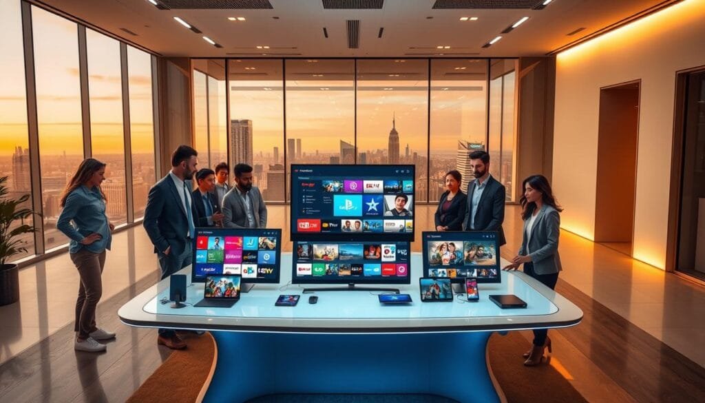 A modern and engaging digital landscape illustrating the world of streaming with KING365FR. In the foreground, a diverse group of professionals dressed in smart casual attire is gathered around a sleek, futuristic table with various devices displaying vibrant streaming interfaces. In the middle ground, large screens showcase a variety of IPTV content with colorful graphics and numerous channel options, symbolizing the extensive offerings of 20,000 channels. The background features a stylish, minimalistic office environment with soft, ambient lighting creating a warm and inviting atmosphere. A large window reveals a panoramic view of a city skyline, emphasizing connectivity and technology. Overall, the scene conveys a tone of professionalism and innovation in the streaming industry.