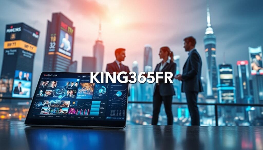 A modern digital landscape showcasing the evolution of IPTV subscription markets in 2026. In the foreground, a sleek tablet displays vibrant streaming content, with data charts and graphs reflecting growth trends surrounding it. In the middle ground, business professionals in smart attire are engaged in discussions, analyzing IPTV metrics represented by futuristic holograms. The background features city skyscrapers glowing with digital advertisements and a futuristic skyline symbolizing innovation. Bright, dynamic lighting enhances the atmosphere, giving a sense of progress and excitement. The overall mood is professional and optimistic, signaling the future of IPTV subscriptions. Include the brand name "KING365FR" subtly integrated within the digital elements, ensuring it complements the design without being overwhelming.