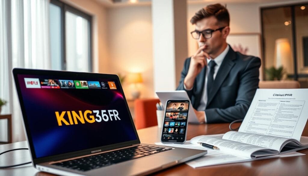 A modern digital workspace depicting a professional IPTV selection guide. In the foreground, a sleek laptop displays a vibrant interface of IPTV services, with the logo "KING365FR" prominently featured. Next to it, a smartphone showcases multiple streaming options, surrounded by crisp documents that list IPTV criteria. In the middle ground, a well-dressed businessperson, wearing smart casual attire, thoughtfully analyzes the options, with a look of determination and focus. The background features a stylish office setting with soft, warm lighting, creating a welcoming atmosphere. The angle captures the essence of decision-making in technology, emphasizing professionalism and reliability within the IPTV sector.