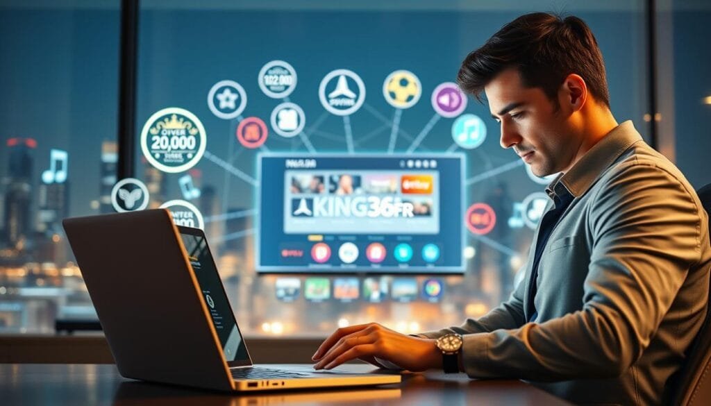 A modern, digital workspace scene featuring a sleek laptop displaying the KING365FR logo, surrounded by vibrant icons representing over 20,000 streaming channels, such as movie reels, sports symbols, and music notes. In the foreground, a professional individual in smart casual attire is engaging with the laptop, looking focused and assured. The middle ground includes an interactive screen showcasing IPTV features and various genres of content. The background has a soft, glowing ambiance with subtle hints of a city skyline and digital connections, creating a tech-savvy atmosphere. The lighting is warm and inviting, suggesting a blend of professionalism and excitement in the streaming universe.