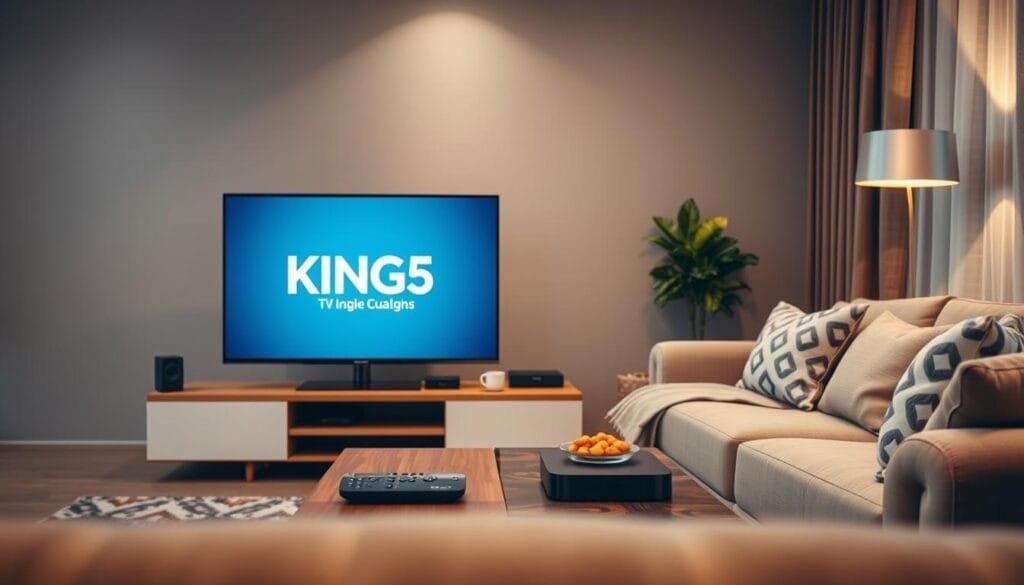 A modern, high-quality IPTV streaming setup displayed in a cozy living room environment. In the foreground, a sleek smart TV showcases the KING365FR logo prominently on the screen, indicating a user-friendly interface. To the right, a comfortable sofa adorned with cushions invites relaxation, while a stylish coffee table features a remote control and snacks. The middle ground highlights a subtle tech ambiance with streaming devices and a decorative plant. In the background, soft lighting casts a warm glow, creating a welcoming atmosphere. The perspective is slightly elevated, capturing the entire scene in a balanced composition. The overall mood is reassuring and professional, perfect for illustrating the advantages of choosing KING365FR for IPTV streaming.
