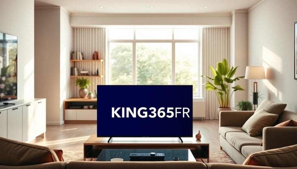 A modern living room featuring a sleek and stylish smart IPTV screen prominently displaying the logo "KING365FR" in the foreground. The IPTV screen is surrounded by a minimalistic yet elegant entertainment setup, with a comfortable sofa and a coffee table adorned with a remote control and a few decorative items. In the middle ground, a large window allows natural light to flood the room, illuminating the space and creating a vibrant atmosphere. The background includes shelves with books and plants, adding warmth and a homely feel. The lighting is soft and inviting, casting gentle shadows across the room. The overall mood is professional and cozy, emphasizing the growing influence of smart IPTV technology in French homes. A modern living room featuring a sleek and stylish smart IPTV screen prominently displaying the logo "KING365FR" in the foreground. The IPTV screen is surrounded by a minimalistic yet elegant entertainment setup, with a comfortable sofa and a coffee table adorned with a remote control and a few decorative items. In the middle ground, a large window allows natural light to flood the room, illuminating the space and creating a vibrant atmosphere. The background includes shelves with books and plants, adding warmth and a homely feel. The lighting is soft and inviting, casting gentle shadows across the room. The overall mood is professional and cozy, emphasizing the growing influence of smart IPTV technology in French homes.