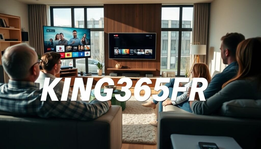 A modern living room featuring a sleek television displaying vibrant streaming content, emphasizing a reliable IPTV service. In the foreground, a family of diverse members, dressed in professional casual attire, are engaged and relaxed on a cozy sofa, enjoying their viewing experience. The middle ground showcases a stylish entertainment center with streaming devices and decor that reflects the latest technology trends. In the background, large windows allow natural light to illuminate the room, creating a warm and inviting atmosphere. Soft shadows add depth, and the scene is captured with a slight angle to highlight the interaction between the family and the entertainment. The overall mood is one of comfort, reliability, and modern technology. Include the brand name "KING365FR" subtly integrated into the scene.