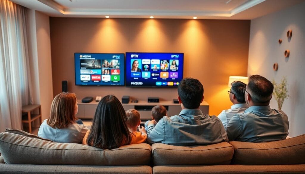 A modern living room scene depicting a family enjoying IPTV entertainment together. In the foreground, a diverse family, dressed in professional casual clothing, sits on a comfortable couch, absorbed in watching a vibrant, high-definition screen displaying various IPTV options and colorful icons. In the middle ground, a sleek entertainment unit showcases streaming devices and a cozy ambiance with soft lighting. The background features a stylish wall with subtle decorations that hint at advanced technology, creating an atmosphere of modern comfort. The overall mood is inviting and reassuring, emphasizing the enjoyment and advantages of choosing KING365FR for IPTV services. Use warm, natural lighting to enhance the cozy feel of the room, captured from a slightly elevated angle to encompass the entire scene. A modern living room scene depicting a family enjoying IPTV entertainment together. In the foreground, a diverse family, dressed in professional casual clothing, sits on a comfortable couch, absorbed in watching a vibrant, high-definition screen displaying various IPTV options and colorful icons. In the middle ground, a sleek entertainment unit showcases streaming devices and a cozy ambiance with soft lighting. The background features a stylish wall with subtle decorations that hint at advanced technology, creating an atmosphere of modern comfort. The overall mood is inviting and reassuring, emphasizing the enjoyment and advantages of choosing KING365FR for IPTV services. Use warm, natural lighting to enhance the cozy feel of the room, captured from a slightly elevated angle to encompass the entire scene.