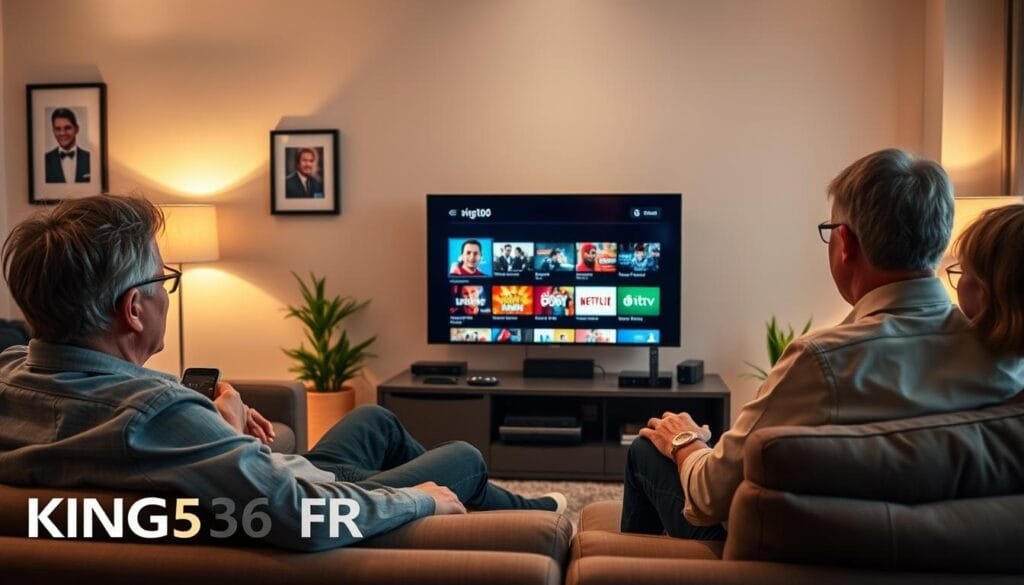 A modern living room scene showcasing a family enjoying entertainment through IPTV technology. In the foreground, a middle-aged couple, dressed in smart casual attire, are sitting on a comfortable couch, engaging with a smart TV that displays vibrant streaming options. The couple exudes a sense of relaxation and enjoyment. In the middle layer, various streaming devices are subtly placed on a stylish TV stand, hinting at the evolution of technology. The background features a cozy ambiance with soft, warm lighting, creating an inviting atmosphere. Subtle decorative elements include plants and framed artwork, emphasizing the modern home setting. The image should connect with the audience, highlighting the value of affordable IPTV subscriptions with a professional touch reflecting the brand name "KING365FR." The mood should be warm, inviting, and reassuring, encapsulating the growth of streaming services. A modern living room scene showcasing a family enjoying entertainment through IPTV technology. In the foreground, a middle-aged couple, dressed in smart casual attire, are sitting on a comfortable couch, engaging with a smart TV that displays vibrant streaming options. The couple exudes a sense of relaxation and enjoyment. In the middle layer, various streaming devices are subtly placed on a stylish TV stand, hinting at the evolution of technology. The background features a cozy ambiance with soft, warm lighting, creating an inviting atmosphere. Subtle decorative elements include plants and framed artwork, emphasizing the modern home setting. The image should connect with the audience, highlighting the value of affordable IPTV subscriptions with a professional touch reflecting the brand name "KING365FR." The mood should be warm, inviting, and reassuring, encapsulating the growth of streaming services.