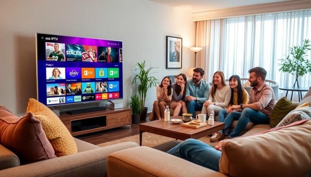 A modern living room scene that captures the essence of streaming entertainment with es IPTV and KING365FR. In the foreground, a sleek TV displaying a vibrant user interface with a grid of diverse channels, some showcasing sports, movies, and documentaries. A stylish sofa adorned with colorful cushions is to the left, where a family is gathered, engaged and excited about their viewing experience, dressed in casual yet tidy attire. The middle ground features a coffee table with snacks and drinks, enhancing the cozy atmosphere. The background displays a well-decorated room with soft lighting and a window letting in natural light, creating a warm, inviting environment that exudes relaxation and enjoyment of the streaming world.