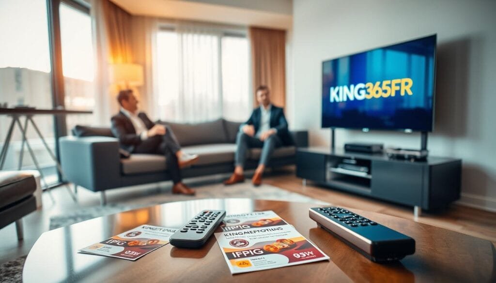 A modern living room setting showcasing the rise of IPTV in Belgium, prominently featuring a sleek television displaying the logo "KING365FR". In the foreground, a stylish coffee table is adorned with a remote control and IPTV subscription pamphlets that hint at various offerings. The middle ground should include a comfortable sofa where two individuals, dressed in professional business attire, are engaged in a discussion, exuding a mood of excitement and curiosity about IPTV services. The background features a large window allowing natural light to flood the room, creating a bright and inviting atmosphere. The angle captures a slightly elevated view, offering a comprehensive view of the room's layout. The overall atmosphere should convey innovation, technology, and the evolving landscape of entertainment in Belgium.