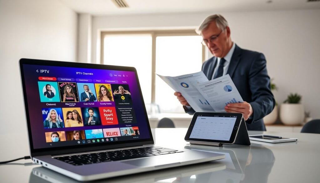 A modern, professional setting showcasing IPTV services offered by KING365FR in 2026. In the foreground, a sleek laptop displaying a vibrant interface of IPTV channels, with pricing options prominently highlighted. Beside it, a tablet showcasing the KING365FR app. In the middle ground, a well-dressed business professional, a middle-aged person in business attire, is engaged in analyzing the IPTV plans, surrounded by charts and graphs illustrating cost comparisons. The background captures a minimalist office space with a large window letting in soft, natural light, enhancing the atmosphere of professionalism and trust. The overall mood feels informative and reassuring, conveying a sense of analysis and expertise in IPTV pricing. A modern, professional setting showcasing IPTV services offered by KING365FR in 2026. In the foreground, a sleek laptop displaying a vibrant interface of IPTV channels, with pricing options prominently highlighted. Beside it, a tablet showcasing the KING365FR app. In the middle ground, a well-dressed business professional, a middle-aged person in business attire, is engaged in analyzing the IPTV plans, surrounded by charts and graphs illustrating cost comparisons. The background captures a minimalist office space with a large window letting in soft, natural light, enhancing the atmosphere of professionalism and trust. The overall mood feels informative and reassuring, conveying a sense of analysis and expertise in IPTV pricing.