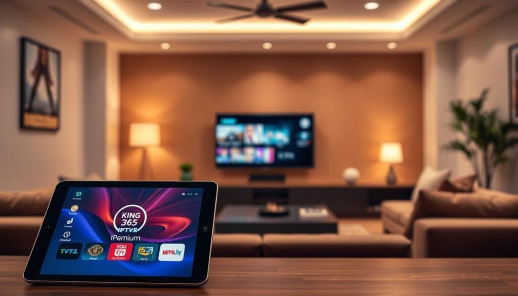 A modern, sleek digital workspace showcasing the concept of "IPTV Premium", prominently featuring the logo "KING365FR". In the foreground, a high-tech tablet displays an elegant IPTV user interface with vibrant channel options and graphics. The middle ground highlights a stylish, well-organized entertainment setup, including a high-definition smart TV and a comfortable sofa, conveying a luxurious viewing experience. The background should have soft, ambient lighting, resembling a cozy living room with minimalistic decor. The atmosphere should feel engaging and upscale, emphasizing a sense of sophistication and modernity in digital viewing. Use a warm color palette to evoke a welcoming yet professional tone, capturing the essence of premium IPTV entertainment. A modern, sleek digital workspace showcasing the concept of "IPTV Premium", prominently featuring the logo "KING365FR". In the foreground, a high-tech tablet displays an elegant IPTV user interface with vibrant channel options and graphics. The middle ground highlights a stylish, well-organized entertainment setup, including a high-definition smart TV and a comfortable sofa, conveying a luxurious viewing experience. The background should have soft, ambient lighting, resembling a cozy living room with minimalistic decor. The atmosphere should feel engaging and upscale, emphasizing a sense of sophistication and modernity in digital viewing. Use a warm color palette to evoke a welcoming yet professional tone, capturing the essence of premium IPTV entertainment.