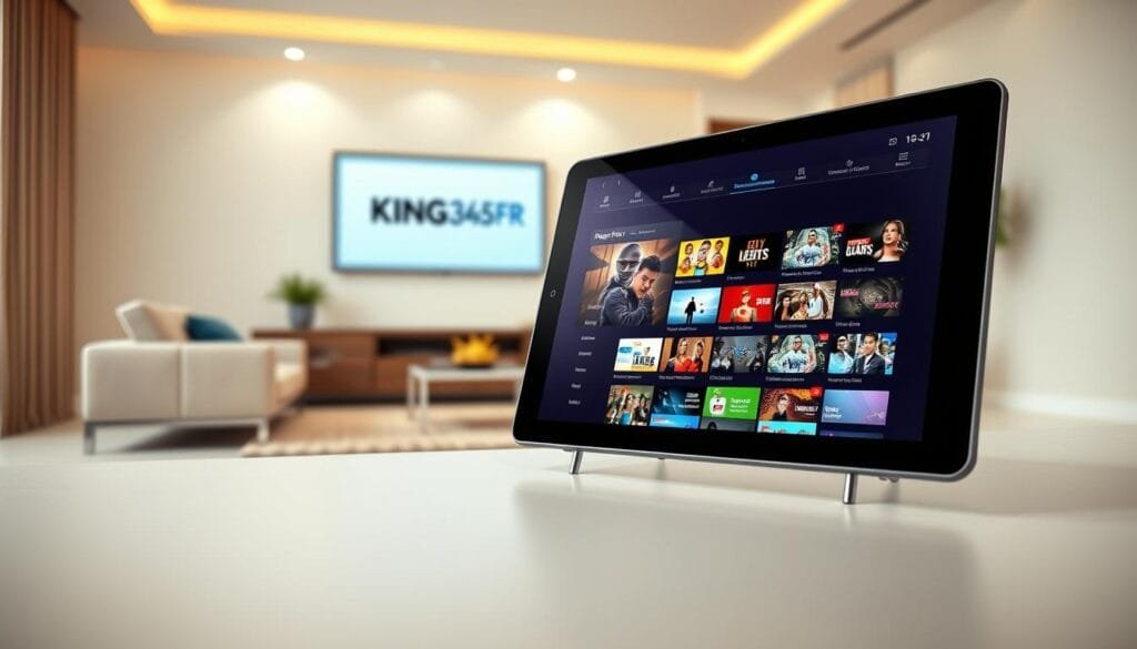 A modern, sleek interface of the IPTV Smarter Pro software displayed on a large HD touchscreen tablet, positioned prominently in the foreground. The device shows a vibrant, user-friendly menu featuring a selection of channels, with colorful thumbnails of various live broadcasts. In the middle ground, a stylish living room setting with a contemporary sofa and a soft rug, creating a welcoming atmosphere. The background showcases a modern television with the KING365FR logo subtly integrated into the decor. Soft, warm lighting illuminates the space, creating an inviting and professional mood. The angle is slightly tilted to give depth, bringing the viewer into the experience of using IPTV Smarter Pro. The image is clean and free from any text, focusing solely on conveying the essence of IPTV entertainment.
