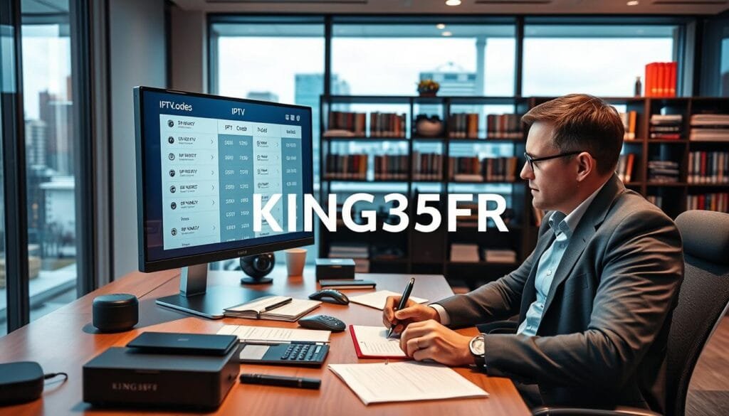 A professional, modern workspace featuring a sleek desktop with a high-resolution monitor displaying IPTV options. In the foreground, a business professional in smart casual attire is intently examining several IPTV code options, conveying a sense of focus and expertise. The middle layer showcases an organized workspace with technical gadgets, IPTV-related print materials, and a notepad to jot down essential criteria. In the background, shelves filled with digital media books and an abstract cityscape through a large window provide depth. The lighting is bright and inviting, creating a mood of confidence and clarity, with a warm, reassuring atmosphere. The brand name "KING365FR" is subtly integrated into the design elements, enhancing brand recognition. The image should be crisp and well-composed, shot from a slight angle to give an immersive perspective.