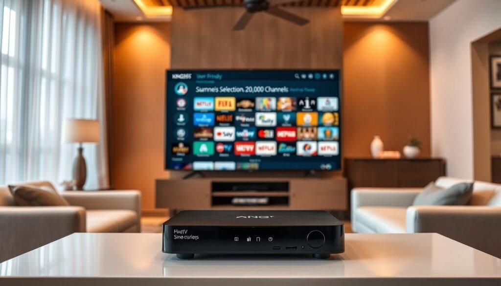 A sleek and modern IPTV Smarters Player interface displayed on a high-resolution screen. In the foreground, the device shows a user-friendly, vibrant menu filled with various channel options, emphasizing the wide selection of 20,000 channels available through KING365FR. The middle ground features a stylish living room setting with a comfortable couch and elegant decor, conveying a cozy atmosphere for home entertainment. The background has soft, warm lighting that creates an inviting mood, suggesting an evening of relaxation and streaming. Use a slightly elevated camera angle to highlight both the IPTV player and the immersive environment. Ensure the scene is polished and professional, devoid of any distracting elements, as if curated for a marketing presentation on the evolution of IPTV streaming in France. A sleek and modern IPTV Smarters Player interface displayed on a high-resolution screen. In the foreground, the device shows a user-friendly, vibrant menu filled with various channel options, emphasizing the wide selection of 20,000 channels available through KING365FR. The middle ground features a stylish living room setting with a comfortable couch and elegant decor, conveying a cozy atmosphere for home entertainment. The background has soft, warm lighting that creates an inviting mood, suggesting an evening of relaxation and streaming. Use a slightly elevated camera angle to highlight both the IPTV player and the immersive environment. Ensure the scene is polished and professional, devoid of any distracting elements, as if curated for a marketing presentation on the evolution of IPTV streaming in France.