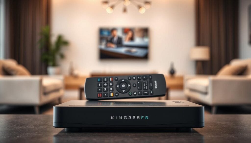 A sleek and modern IPTV box prominently displayed in the foreground, showcasing its elegant design with smooth edges and a glossy black finish. Highlight the LED indicator lights on the front, suggesting functionality and high-tech capability. In the middle ground, arrange a lightweight remote control featuring neatly labeled buttons, a sophisticated look, and a connectivity guide in the background. The setting is a stylish living room with a soft, ambient light creating a warm and inviting atmosphere, perfect for viewing experiences. Use a shallow depth of field to softly blur the background, emphasizing the IPTV box and remote as the focal points. The mood is professional yet approachable, radiating a sense of trust and quality associated with the brand "KING365FR". A sleek and modern IPTV box prominently displayed in the foreground, showcasing its elegant design with smooth edges and a glossy black finish. Highlight the LED indicator lights on the front, suggesting functionality and high-tech capability. In the middle ground, arrange a lightweight remote control featuring neatly labeled buttons, a sophisticated look, and a connectivity guide in the background. The setting is a stylish living room with a soft, ambient light creating a warm and inviting atmosphere, perfect for viewing experiences. Use a shallow depth of field to softly blur the background, emphasizing the IPTV box and remote as the focal points. The mood is professional yet approachable, radiating a sense of trust and quality associated with the brand "KING365FR".
