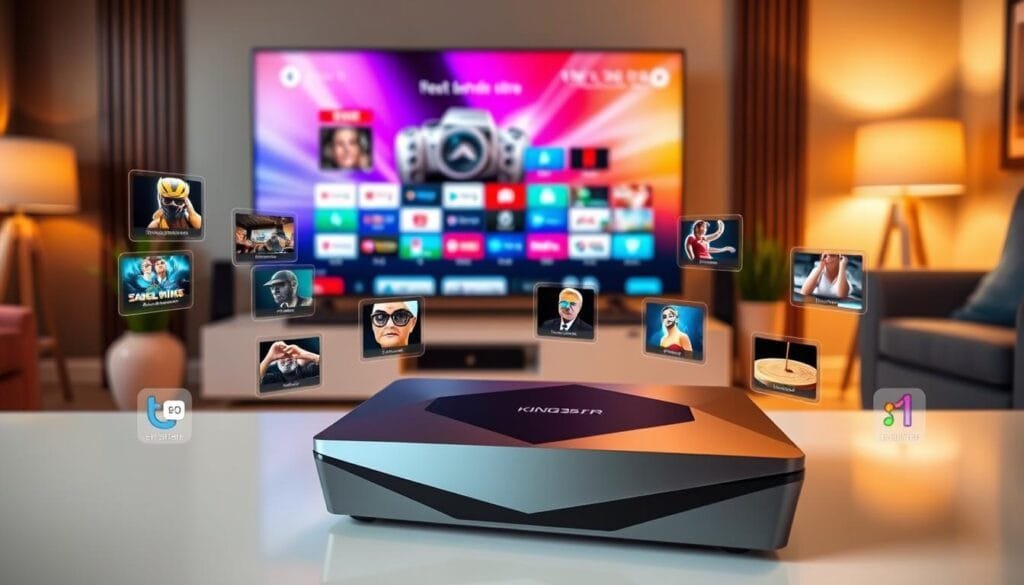 A sleek and modern KING365FR IPTV box v3 is prominently featured in the foreground, showcasing its high-tech design with sharp edges and a glossy finish. Surrounding the box are vivid illustrations of virtual channel menus, highlighting its capability to access over 20,000 premium channels. In the middle ground, a well-organized entertainment setup includes a large flat-screen TV displaying vibrant color formats, reflecting the advanced capabilities of the device. The background features a warm, inviting living room ambiance with cozy lighting that exudes a sense of comfort and modernity. The scene is captured from a slightly elevated angle, emphasizing the IPTV box while ensuring clarity in the details. The overall mood is professional and reassuring, suitable for tech-savvy audiences exploring IPTV evolution.