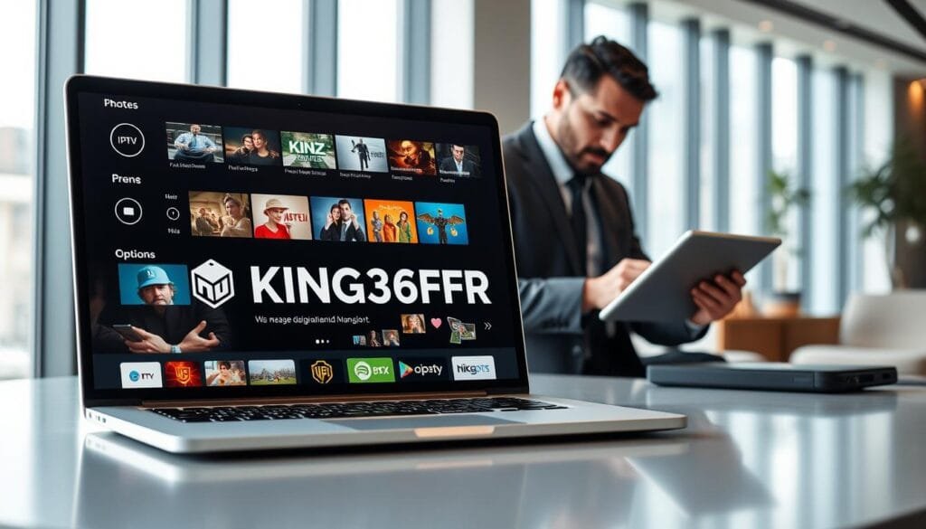 A sleek and modern digital interface showcasing the concept of IPTV, representing KING365FR, in a professional office setting. In the foreground, a stylish laptop displays the KING365FR logo prominently on its screen, surrounded by streaming icons and vibrant multimedia visuals. The middle layer features a well-dressed business professional, attentively analyzing IPTV options on a tablet, reflecting focus and expertise. The background showcases a contemporary office with large windows allowing natural light to flood the space, creating an inviting atmosphere. Soft lighting highlights the elements on the desk, enhancing the image's depth. The overall mood is professional and reassuring, emphasizing the advantages of choosing KING365FR for IPTV subscriptions with a focus on quality and reliability.