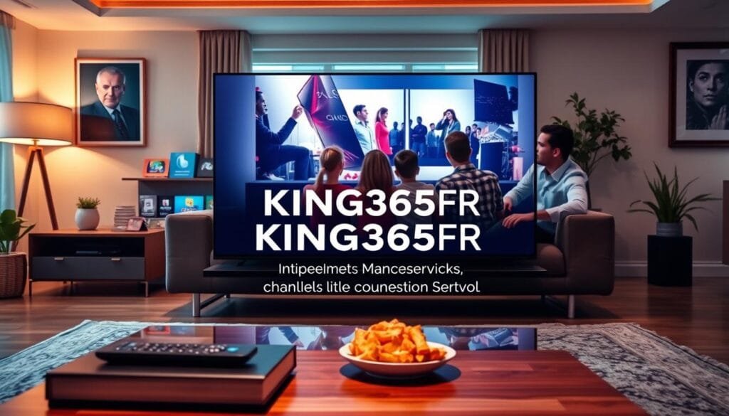 A sleek and modern living room setting, showcasing an elegant flat-screen TV displaying a vibrant, colorful interface for IPTV services. In the foreground, a stylish coffee table holds a remote control and snacks, creating a cozy atmosphere. The middle features a plush sofa where a family of four, dressed in professional casual attire, sits engrossed in a movie, conveying a sense of enjoyment and togetherness. The background includes a large window with natural light streaming in, enhancing the inviting space. The room is decorated with tasteful art and plants, exuding comfort and modernity. Illuminate the scene with warm lighting to create a welcoming and relaxing mood. Emphasize the brand name "KING365FR" subtly integrated into the TV screen interface, highlighting its premium 4K IPTV services with over 20,000 channels.