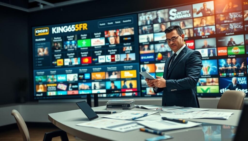 A sleek and modern workspace featuring a large screen displaying the KING365FR IPTV platform interface, showcasing an extensive selection of 20,000 channels and packages. In the foreground, a confident professional in business attire analyzes data on a tablet, representing an expert in IPTV marketing. In the middle ground, a stylish desk cluttered with notes and charts emphasizes the analytical aspect of the service. The background features a digital representation of various TV channels, creating a vibrant and dynamic atmosphere. Soft, ambient lighting enhances the professionalism of the scene, while a slight focus on the foreground adds depth. The overall mood conveys trust and expertise in IPTV service analysis. A sleek and modern workspace featuring a large screen displaying the KING365FR IPTV platform interface, showcasing an extensive selection of 20,000 channels and packages. In the foreground, a confident professional in business attire analyzes data on a tablet, representing an expert in IPTV marketing. In the middle ground, a stylish desk cluttered with notes and charts emphasizes the analytical aspect of the service. The background features a digital representation of various TV channels, creating a vibrant and dynamic atmosphere. Soft, ambient lighting enhances the professionalism of the scene, while a slight focus on the foreground adds depth. The overall mood conveys trust and expertise in IPTV service analysis.