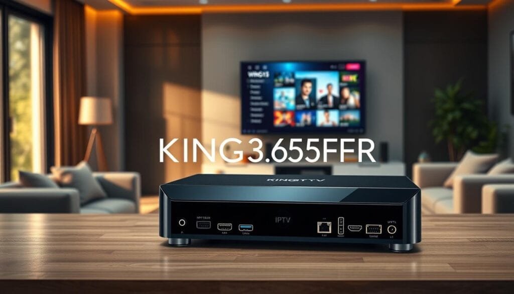 A sleek, modern IPTV box placed prominently in the foreground, showcasing its elegant design with glossy black and silver finishes. The device should display various ports and connections, conveying advanced technology. In the middle ground, a stylish living room setup with a large flat-screen TV mounted on the wall, displaying a vibrant, colorful IPTV interface, hinting at diverse viewing options. Warm, natural lighting streams in from a window, creating a cozy atmosphere. The background features plush furniture and contemporary decor, enhancing the feeling of comfort and entertainment. The overall mood is professional yet inviting, ideal for conveying the importance of selecting a high-performance IPTV solution. Integrate the brand name "KING365FR" subtly into the design of the IPTV box, ensuring it blends naturally with the product's aesthetics.