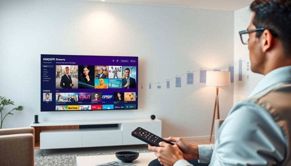 A sleek, modern IPTV interface displayed on a high-resolution screen, showcasing diverse streaming content from KING365FR. In the foreground, a professional individual dressed in business attire interacts with the smart player using a remote, illustrating user-friendly navigation. The middle ground captures a comfortable, stylish living room environment, with contemporary furniture and subtle tech accents, emphasizing a relaxed yet sophisticated streaming experience. The background features a digital timeline charting the evolution of streaming technology, subtly enhanced with futuristic design elements. Soft, ambient lighting bathes the scene, creating a warm and inviting atmosphere while retaining a professional tone. The angle is slightly elevated, providing a comprehensive view of the interaction with the IPTV system, embodying quality and innovation in entertainment for 2026.
