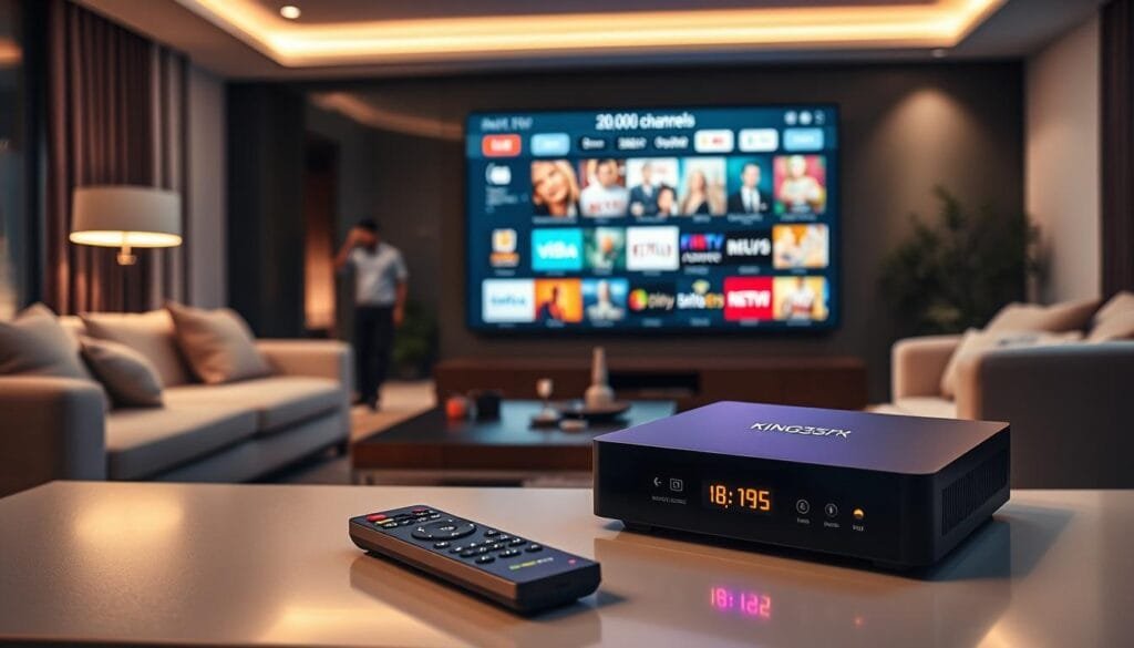 A sleek, modern KING365FR IPTV box prominently displayed in a contemporary living room setup. The foreground features the box with glowing LED indicators, emphasizing its high-tech design. To the side, a stylish remote control lies on a minimalist coffee table. In the middle ground, a large flat-screen TV showcases a vibrant interface displaying various channels and streaming options, illustrating the extensive offerings of 20,000 channels. The background is filled with soft ambient lighting, creating a warm and inviting atmosphere, with comfortable furniture arranged for family viewing. The mood is sophisticated and relaxed, highlighting the user-friendly experience of the KING365TV box, ideal for premium IPTV entertainment. Aim for a clear, focused shot, with a slight angle emphasizing both the box and the dynamic TV interface. A sleek, modern KING365FR IPTV box prominently displayed in a contemporary living room setup. The foreground features the box with glowing LED indicators, emphasizing its high-tech design. To the side, a stylish remote control lies on a minimalist coffee table. In the middle ground, a large flat-screen TV showcases a vibrant interface displaying various channels and streaming options, illustrating the extensive offerings of 20,000 channels. The background is filled with soft ambient lighting, creating a warm and inviting atmosphere, with comfortable furniture arranged for family viewing. The mood is sophisticated and relaxed, highlighting the user-friendly experience of the KING365TV box, ideal for premium IPTV entertainment. Aim for a clear, focused shot, with a slight angle emphasizing both the box and the dynamic TV interface.