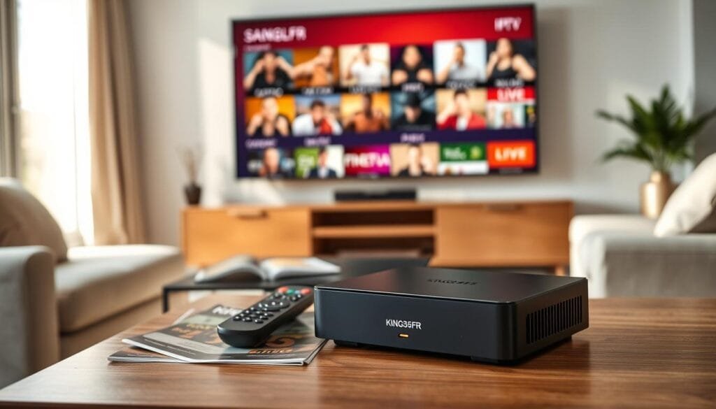 A sleek, modern KING365FR IPTV box v3 prominently displayed in the foreground, showcasing its glossy black surface and stylish design with a small LED indicator light glowing softly. The background features a cozy living room setting, with a flat-screen TV mounted on the wall streaming vibrant IPTV content, hinting at a vast selection of channels. Natural light filters through a window, creating a warm and inviting atmosphere. In the middle ground, a stylish coffee table is subtly visible, holding a remote control and a few streaming-related magazines, emphasizing the theme of home entertainment. The overall mood is professional and reassuring, reflecting the advanced technology and user-friendly experience of the King365tv box v3. Capture this scene from a slightly elevated angle to enhance depth and focus on the IPTV box as the centerpiece.